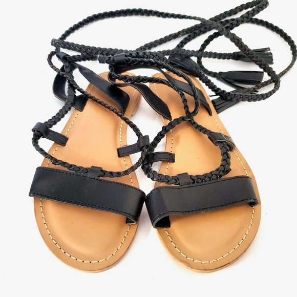 Asos Flat Black Braided Lace Up Sandals Size 6 Strappy Boho Bohemian Festival - Picture 5 of 12